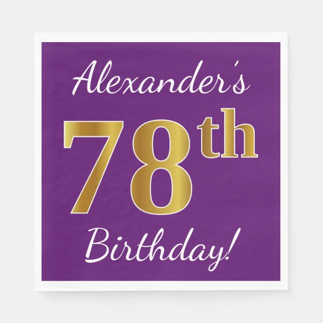 Purple, Faux Gold 78th Birthday + Custom Name Napkins (Front)