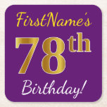 [ Thumbnail: Purple, Faux Gold 78th Birthday + Custom Name Paper Coaster ]