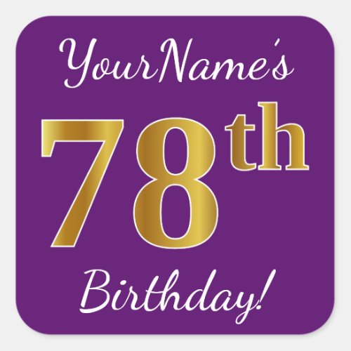 Purple Faux Gold 78th Birthday  Custom Name Square Sticker