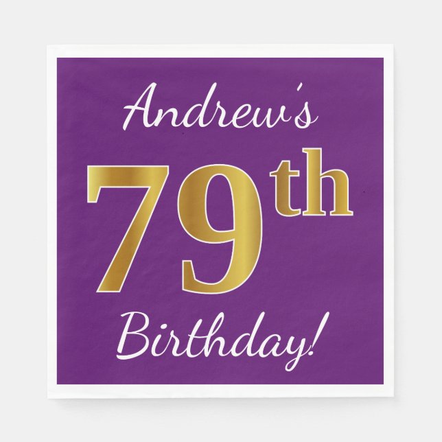 Purple, Faux Gold 79th Birthday + Custom Name Napkins (Front)