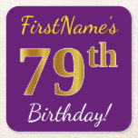 [ Thumbnail: Purple, Faux Gold 79th Birthday + Custom Name Paper Coaster ]