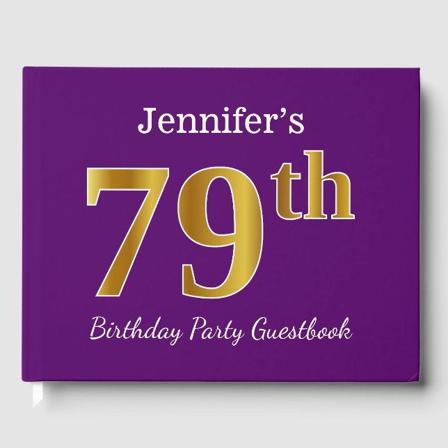Purple, Faux Gold 79th Birthday Party; Custom Name Guest Book (Front)
