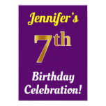 [ Thumbnail: Purple, Faux Gold 7th Birthday Celebration + Name Invitation ]