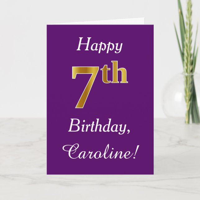 Purple, Faux Gold 7th Birthday + Custom Name Card (Front)
