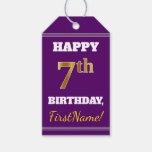 [ Thumbnail: Purple, Faux Gold 7th Birthday + Custom Name Gift Tags ]