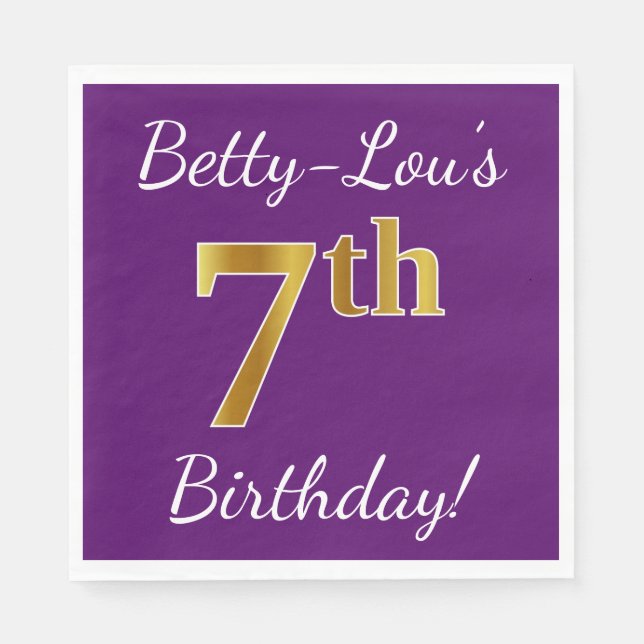 Purple, Faux Gold 7th Birthday + Custom Name Napkins (Front)