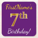 [ Thumbnail: Purple, Faux Gold 7th Birthday + Custom Name Paper Coaster ]