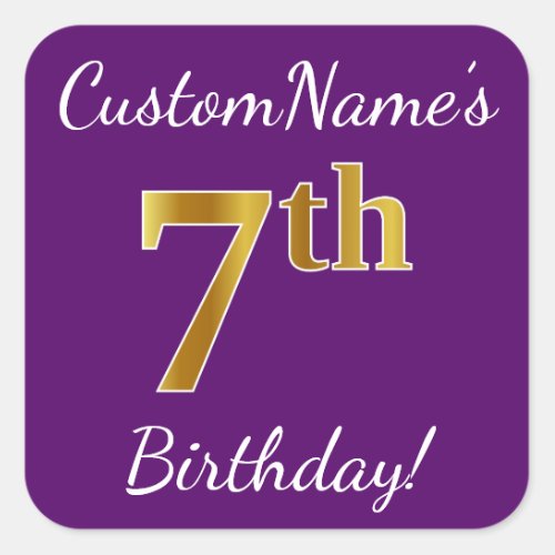 Purple Faux Gold 7th Birthday  Custom Name Square Sticker