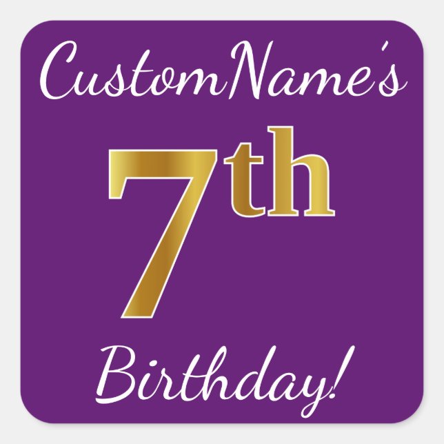 Purple, Faux Gold 7th Birthday + Custom Name Square Sticker (Front)
