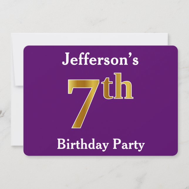 Purple, Faux Gold 7th Birthday Party + Custom Name Invitation (Front)