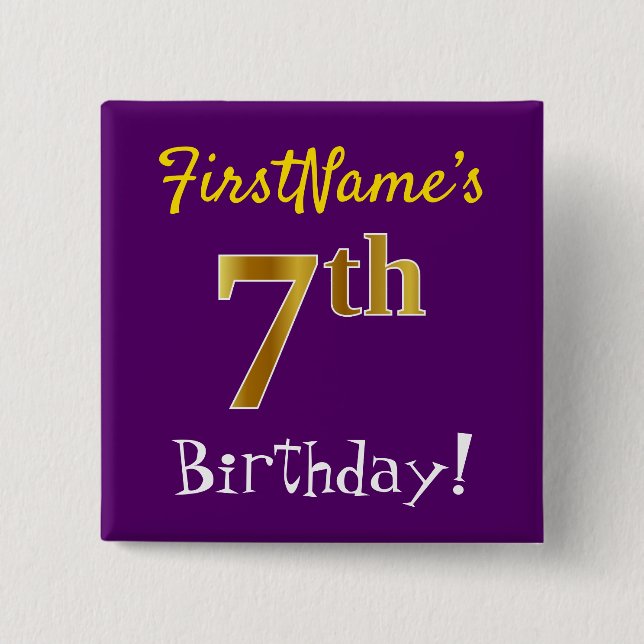 Purple, Faux Gold 7th Birthday, With Custom Name Button (Front)