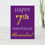 [ Thumbnail: Purple, Faux Gold 7th Wedding Anniversary + Name Card ]