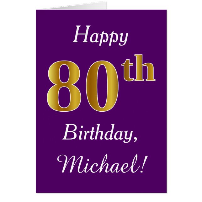 Purple, Faux Gold 80th Birthday + Custom Name Cards (Front)
