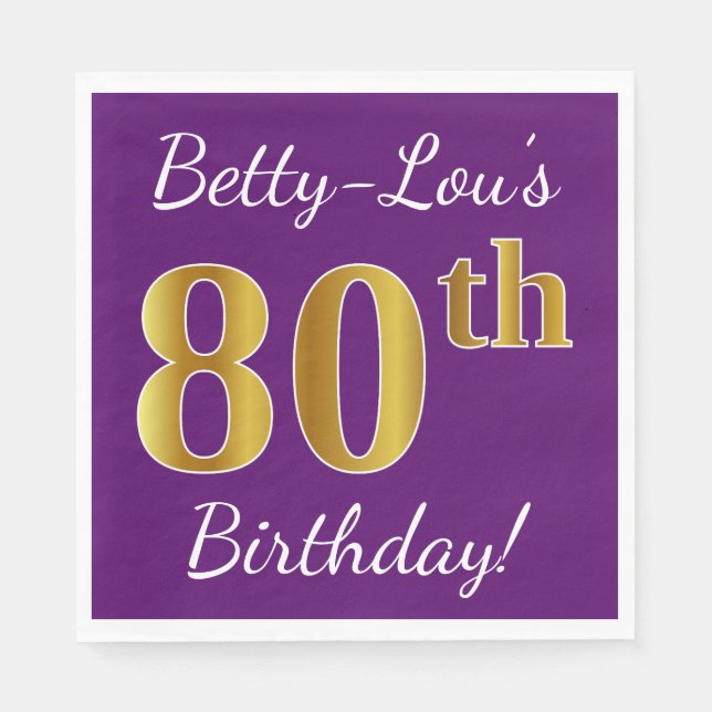 Purple, Faux Gold 80th Birthday + Custom Name Napkins (Front)