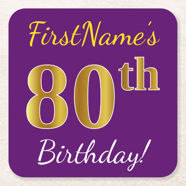 Purple, Faux Gold 80th Birthday + Custom Name Square Paper Coaster (Front)