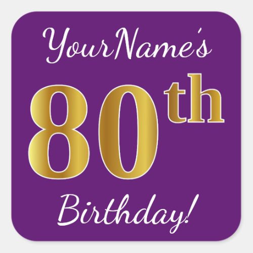 Purple Faux Gold 80th Birthday  Custom Name Square Sticker