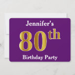 [ Thumbnail: Purple, Faux Gold 80th Birthday Party; Custom Name Invitation ]