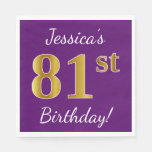 [ Thumbnail: Purple, Faux Gold 81st Birthday + Custom Name Paper Napkin ]