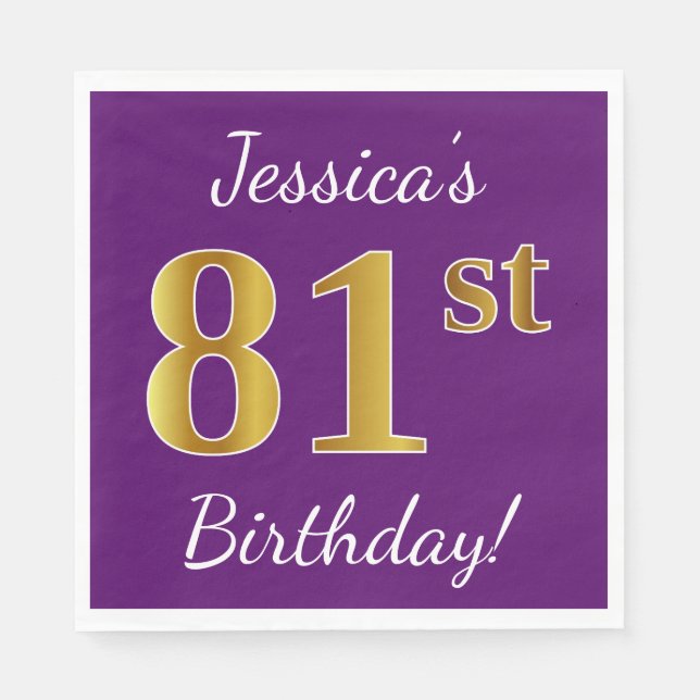Purple, Faux Gold 81st Birthday + Custom Name Paper Napkins (Front)