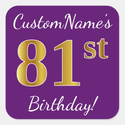 Purple Faux Gold 81st Birthday  Custom Name Square Sticker