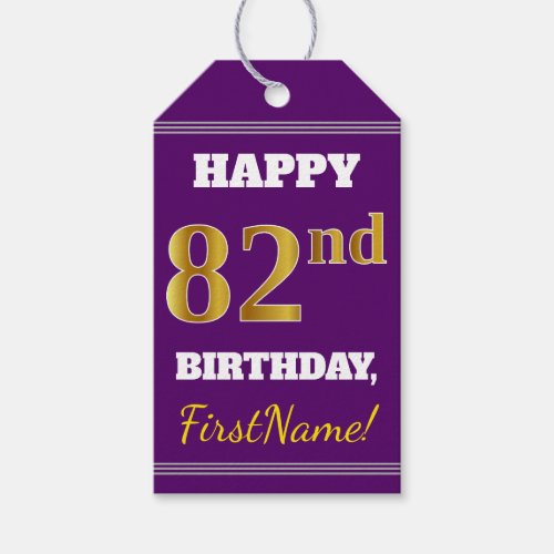 Purple Faux Gold 82nd Birthday  Custom Name Gift Tags