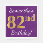 [ Thumbnail: Purple, Faux Gold 82nd Birthday + Custom Name Napkins ]