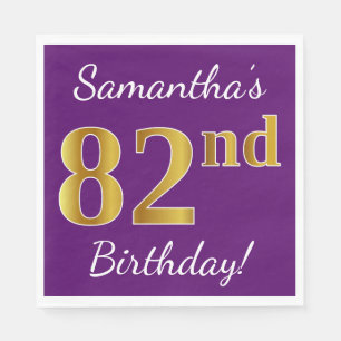 Purple, Faux Gold 82nd Birthday + Custom Name Napkins