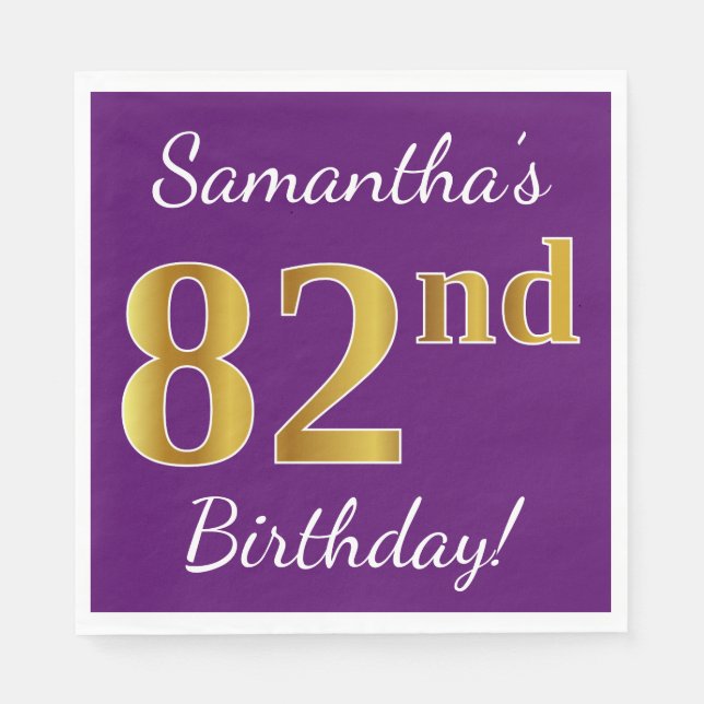 Purple, Faux Gold 82nd Birthday + Custom Name Napkins (Front)