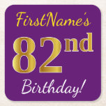 [ Thumbnail: Purple, Faux Gold 82nd Birthday + Custom Name Paper Coaster ]