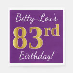 [ Thumbnail: Purple, Faux Gold 83rd Birthday + Custom Name Napkins ]