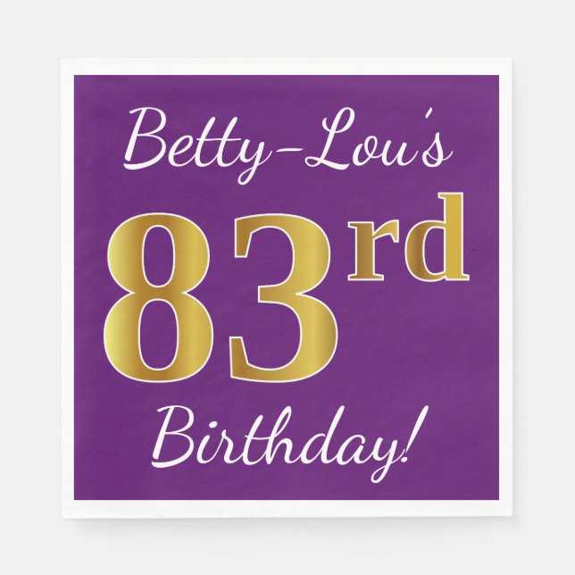 Purple, Faux Gold 83rd Birthday + Custom Name Paper Napkins (Front)