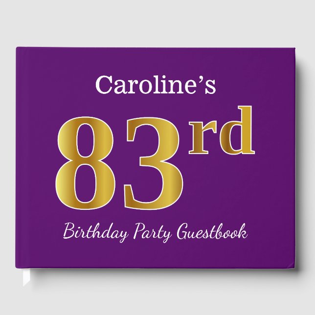 Purple, Faux Gold 83rd Birthday Party; Custom Name Guest Book (Front)