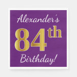 [ Thumbnail: Purple, Faux Gold 84th Birthday + Custom Name Napkin ]