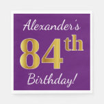 [ Thumbnail: Purple, Faux Gold 84th Birthday + Custom Name Napkins ]