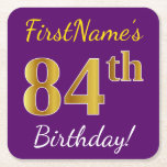 [ Thumbnail: Purple, Faux Gold 84th Birthday + Custom Name Paper Coaster ]