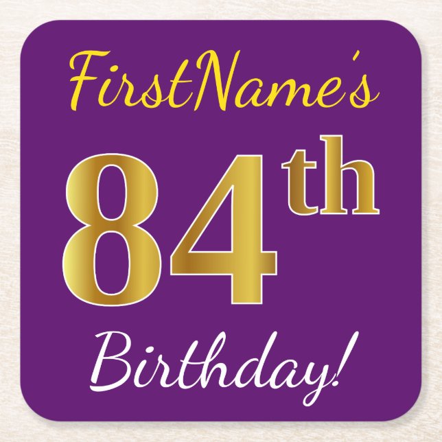 Purple, Faux Gold 84th Birthday + Custom Name Square Paper Coaster (Front)
