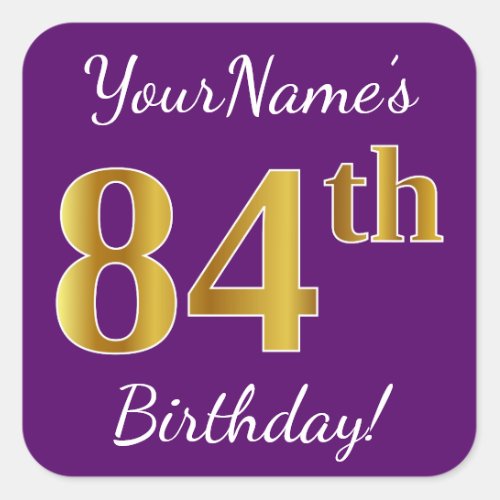 Purple Faux Gold 84th Birthday  Custom Name Square Sticker