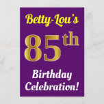 [ Thumbnail: Purple, Faux Gold 85th Birthday Celebration + Name Invitation ]