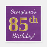 [ Thumbnail: Purple, Faux Gold 85th Birthday + Custom Name Napkins ]