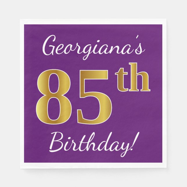 Purple, Faux Gold 85th Birthday + Custom Name Paper Napkins (Front)