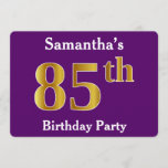 [ Thumbnail: Purple, Faux Gold 85th Birthday Party; Custom Name Invitation ]