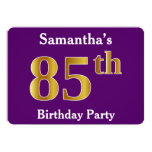 [ Thumbnail: Purple, Faux Gold 85th Birthday Party; Custom Name Invitation ]