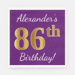 [ Thumbnail: Purple, Faux Gold 86th Birthday + Custom Name Napkins ]
