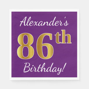 Purple, Faux Gold 86th Birthday + Custom Name Paper Napkins
