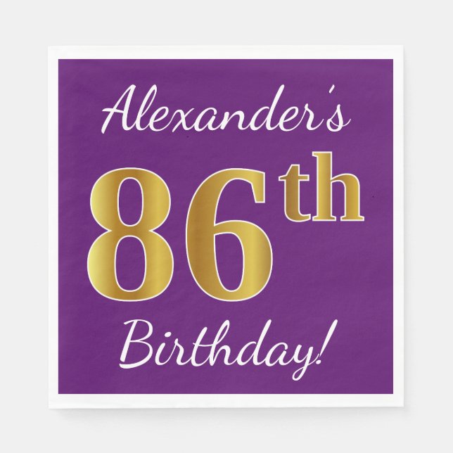 Purple, Faux Gold 86th Birthday + Custom Name Paper Napkins (Front)