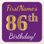 [ Thumbnail: Purple, Faux Gold 86th Birthday + Custom Name Paper Coaster ]