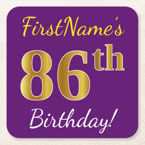 Purple Faux Gold 86th Birthday  Custom Name Square Paper Coaster