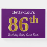 [ Thumbnail: Purple, Faux Gold 86th Birthday Party; Custom Name Guest Book ]