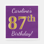 [ Thumbnail: Purple, Faux Gold 87th Birthday + Custom Name Napkins ]