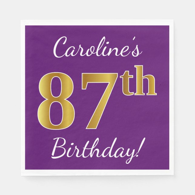 Purple, Faux Gold 87th Birthday + Custom Name Napkins (Front)